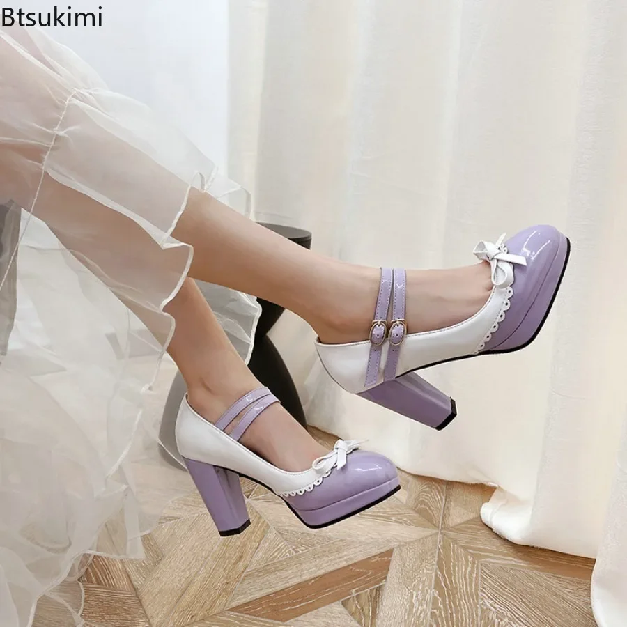 2026 Spring Ankle Straps Platform High Heels Sexy Shoes Womens Heels Round Toe Color Blocking Party Office Pumps 32-48 Plus Size