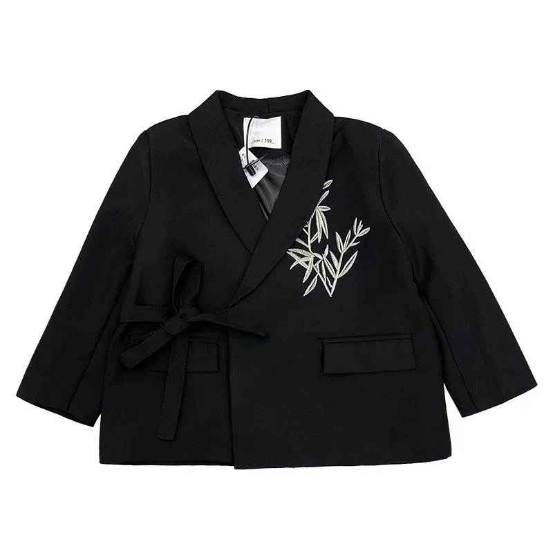 Boys Autumn Tuxedo Suit Set Red Bamboo Leaves Embroidery New Year Blazer Chinese Style Children's Boutique Outfits 2-13 Years