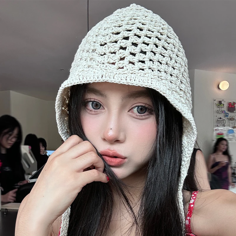 Korean Sweet Handmade Hollowed-out Knitted Headscarf Hats for Women Summer Seaside Travel Thin Photo Versatile Beanies Cap