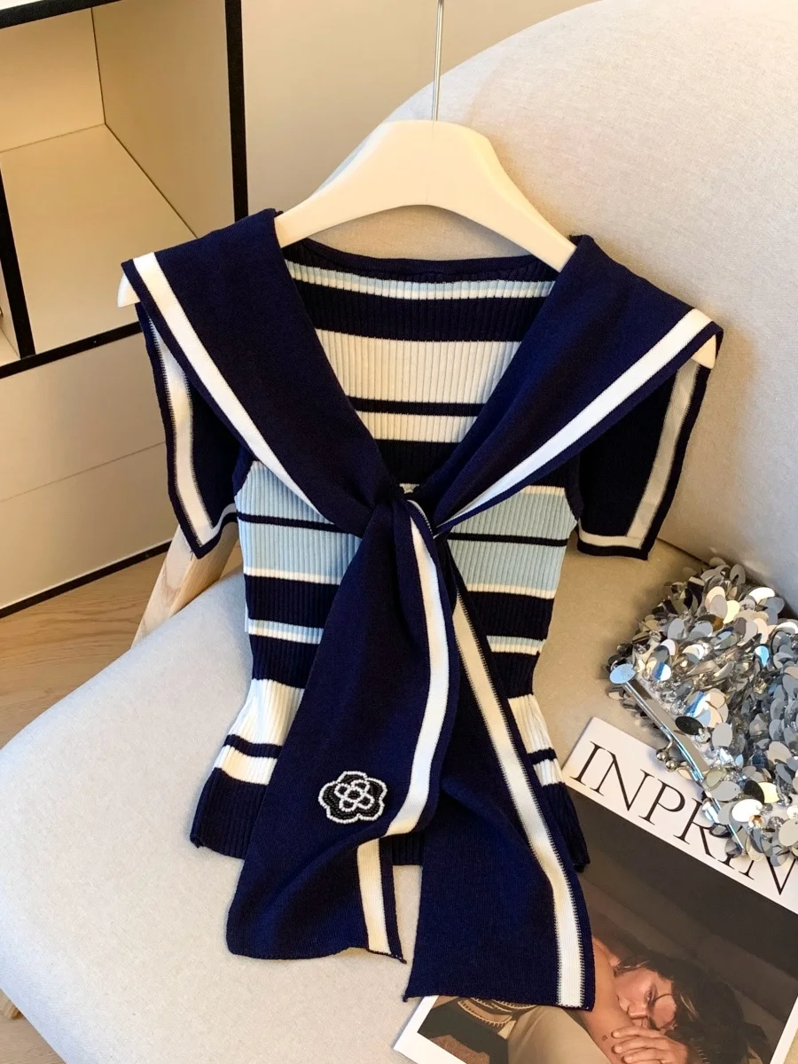 

Slim Fit Striped Knit Shirt Women's Summer 2026 New Style Bow Tie Short Navy Collar Top Korean Style Commute Style Polyester ...