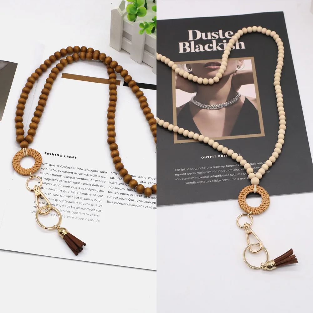 CX Wood Bead Beaded Tassel Necklace Lanyard Hexagonal Braided Wood Chip Keychain