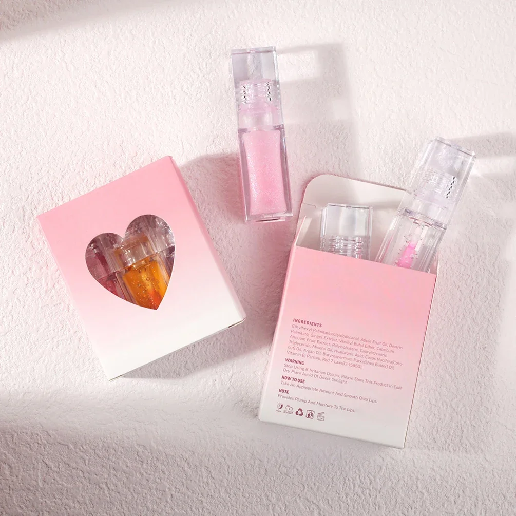 3pcs Lip Oil Kit Custom Logo Transparent Square Tube Pigment Long Lasting Color Change Makeup Private Label Heart-shaped Box