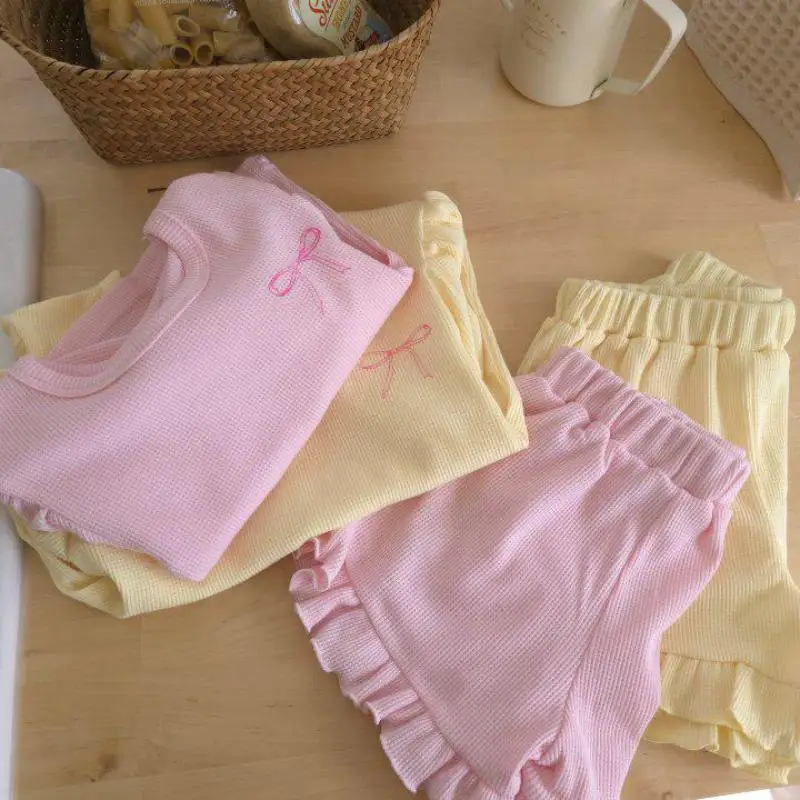 2024 Summer New Baby Girl Cute Bow Print Clothes Set Children Girls Puff Sleeve Tops + Shorts 2pcs Suit Cotton Toddler Outfits