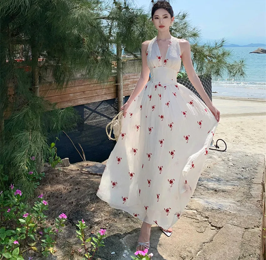 French Fashion Summer Sexy Deep V Neck Vacation Long Dress Women's Halter Sleeveless Flower Print Backless High Waist Boho Robe