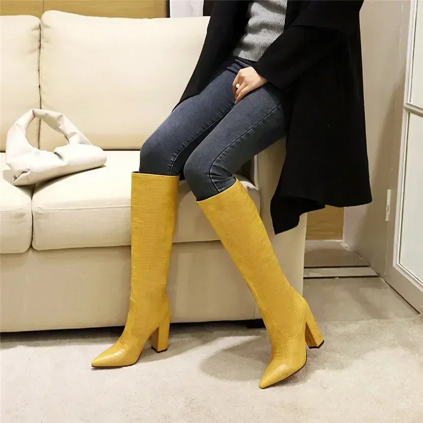 Big Size Fashion Women Knee High Boots Red Black Crocodile PU Pointed Toe Chunky Heels Sexy Party Office Lady Winter Long Boots