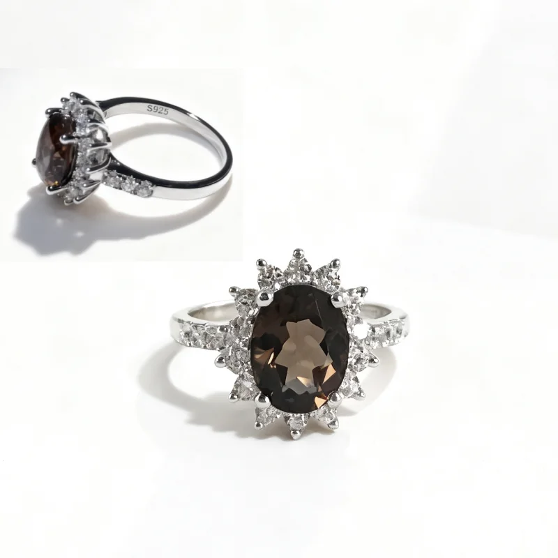 

SGARIT 925 Sterling Silver 7x9mm Egg-Shaped Natural Tea Crystal Ring Women for Wedding Band Bridal Engagement Jewelry