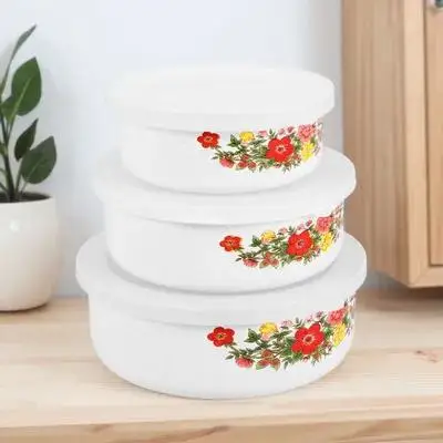 

3 Pcs Fresh Bowl Set Enamel Material Storage Container Vintage Glass Bowls Colorful Serving with Lid