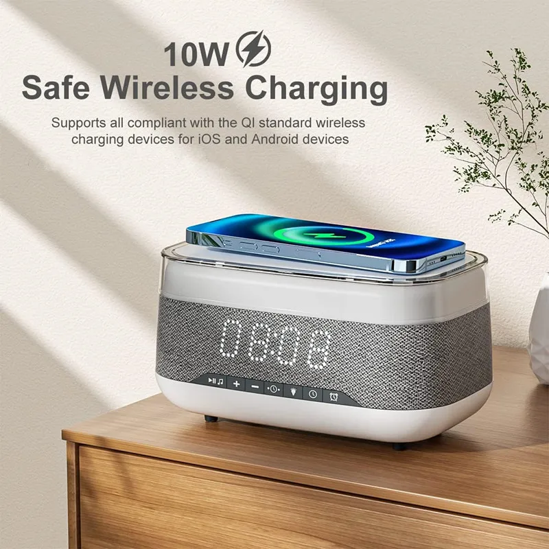 Lovaroma CJ-M02C Multifunctional Digital Alarm Clock Wirless Charger Speaker Bluetooth Music Colors LED Lights