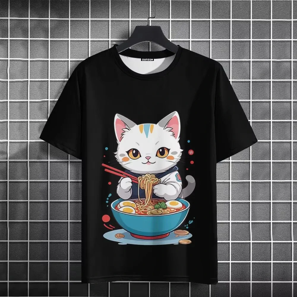 Cartoon Cat 3D Print T Shirt For Men Casual O-neck Short Sleeve Tops Funny Ramen Pattern Oversized Tops