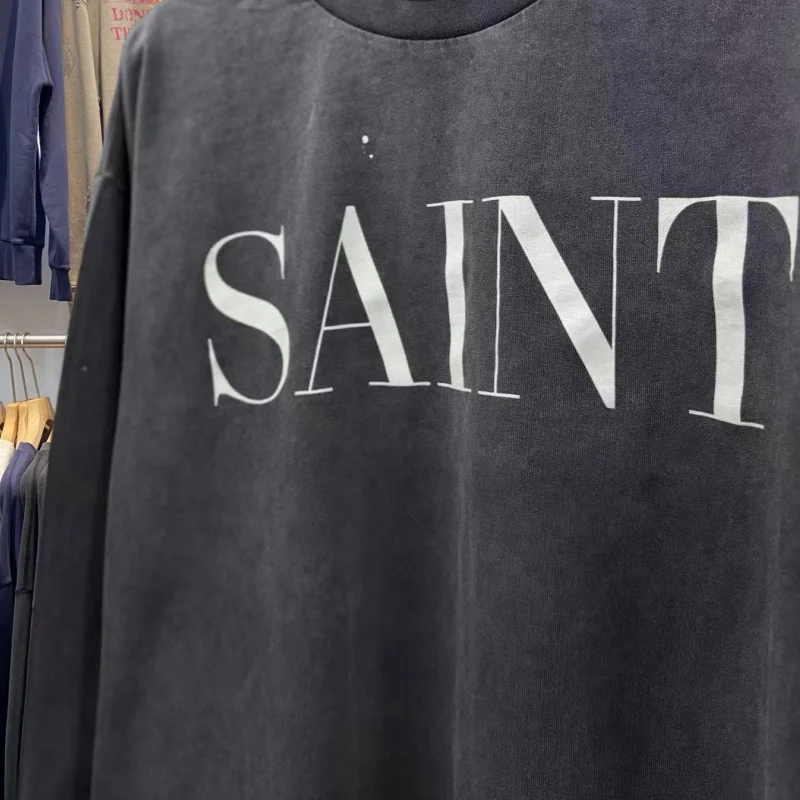 Retro Saint XXX Long Sleeve T-Shirt Men's Vintage Style Letter Print Worn out Casual Cotton round Neck Sweatshirt