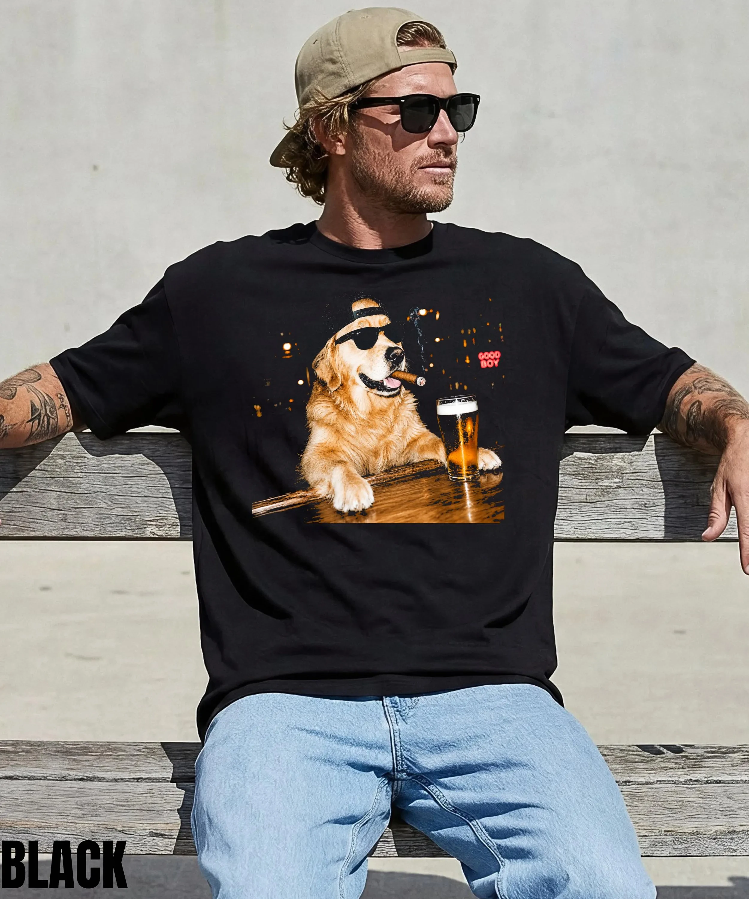 Cool Golden Retriever Dog with Sunglasses Cigar Beer Bar Good Boy Graphic T Shirt Men Funny Pet Lover Casual Cotton Short Sleeve
