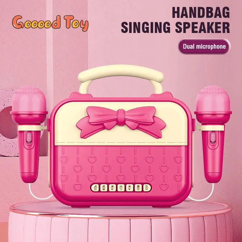 

Portable Karaoke Stereo Girls Handbag Music Speaker Toy with 2 Microphone Multifunctional KTV Singing Speakers for Children Gift