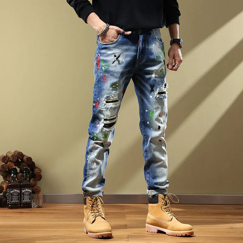 2022 New Vintage European and American Embroidery Printed Scratched Jeans Men's  Slim Fit Elastic Leggings  skinny jeans men