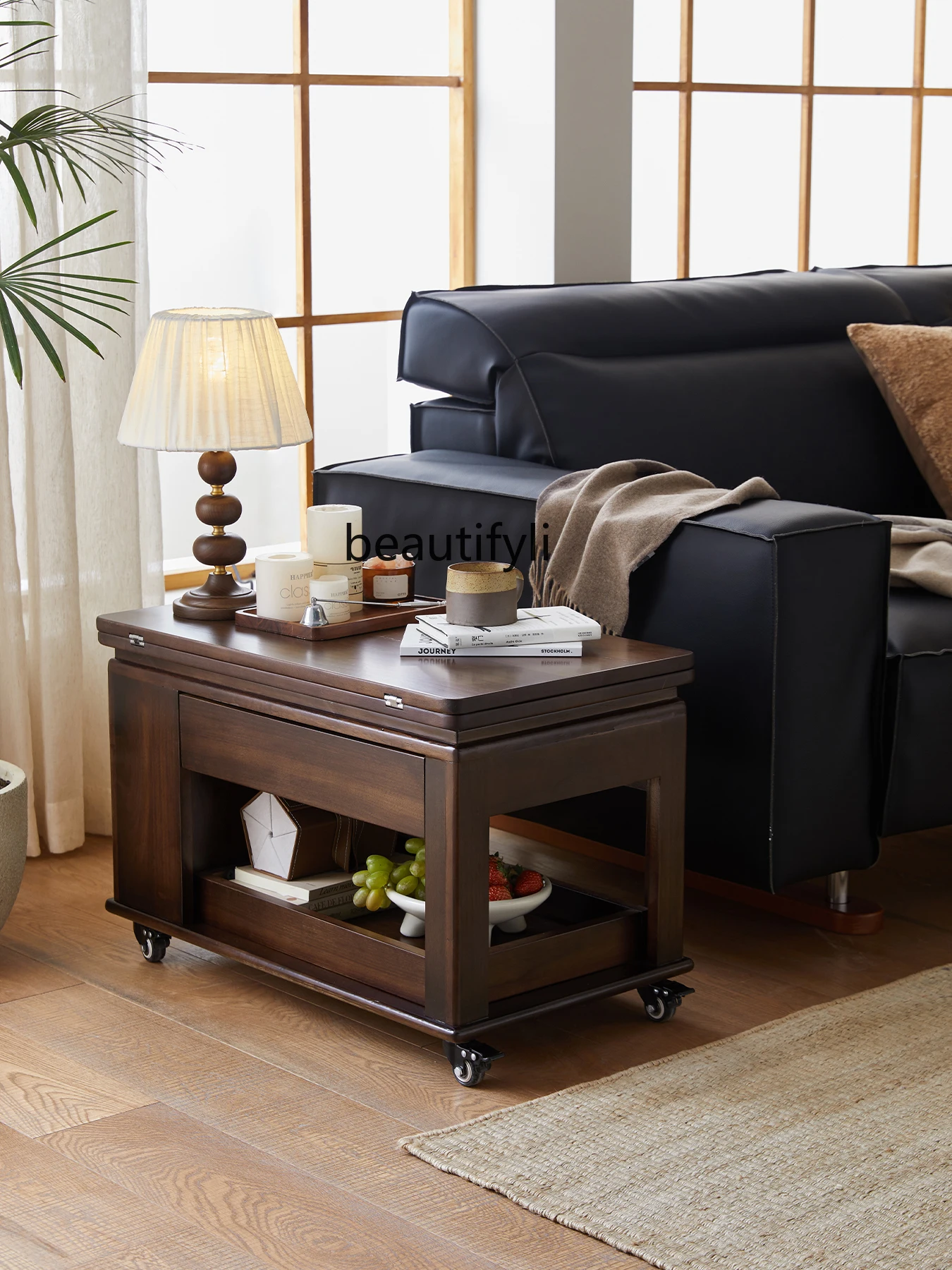 Solid Wood Folding Coffee Table Living Room Removable Side Table Trolley Side Cabinet Tea Table Multi-Functional with Wheels