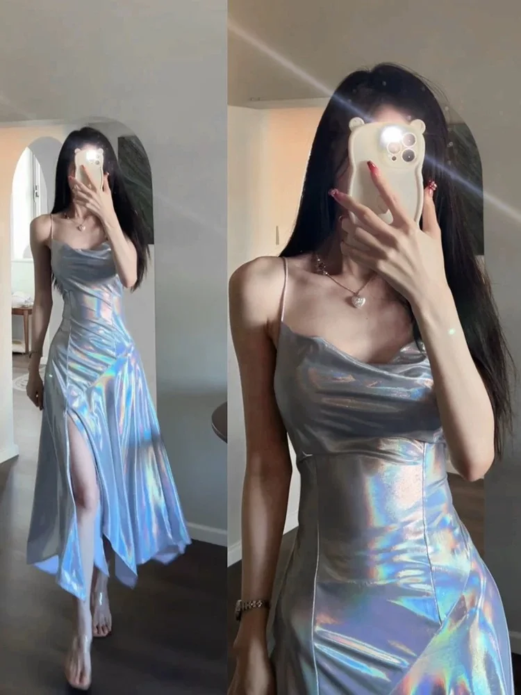 Iridescent Mist‑Gold Liquid Holographic Fabric Shiny Rainbow Cloth for Formal Gown Swimsuit Graduation Project Background Decor view 4