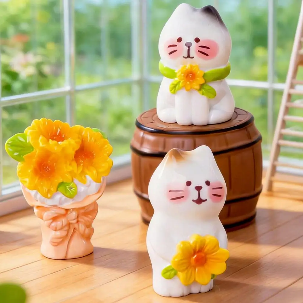 Miniature Cat Figurine Healing Miniature Scene Micro Landscape Ornament Set with Cute Cat Figurine Sunflower Miniature for Diy