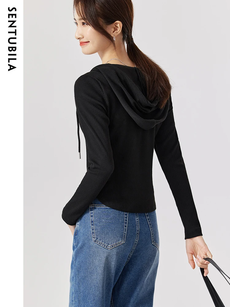 SENTUBILA Women Black T shirts Hooded Long Sleeve Slim Tops 2025 Spring Autumn Tee Shirt Femme Casual T-shirts 131T47175