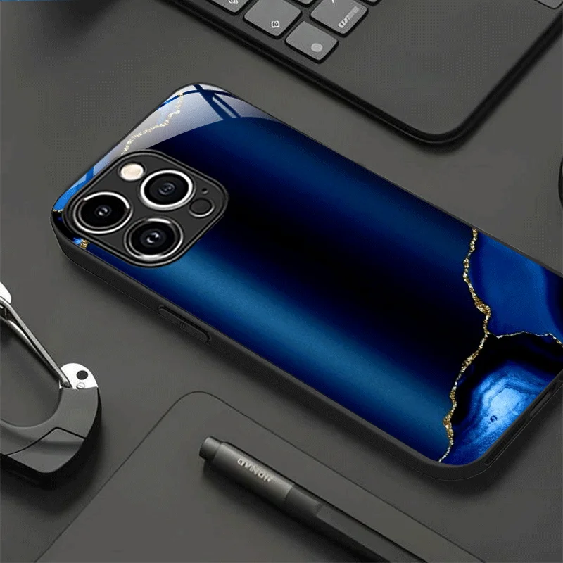

Blue Golden Iridescent Frame Tempered Glassmoblie phone Case for iPhone 17/16/16ProMax/15/14/13/12ProMax/11/11Pro Anti-drop