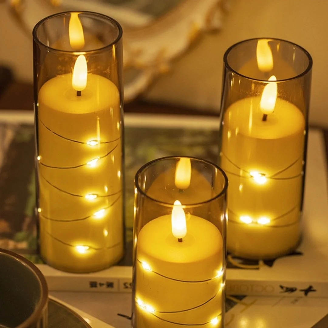 

Flickering LED pillar Candles Battery operated w/Embedded led String Acrylic Candle lamp w/Remote control Home Wedding Bar party