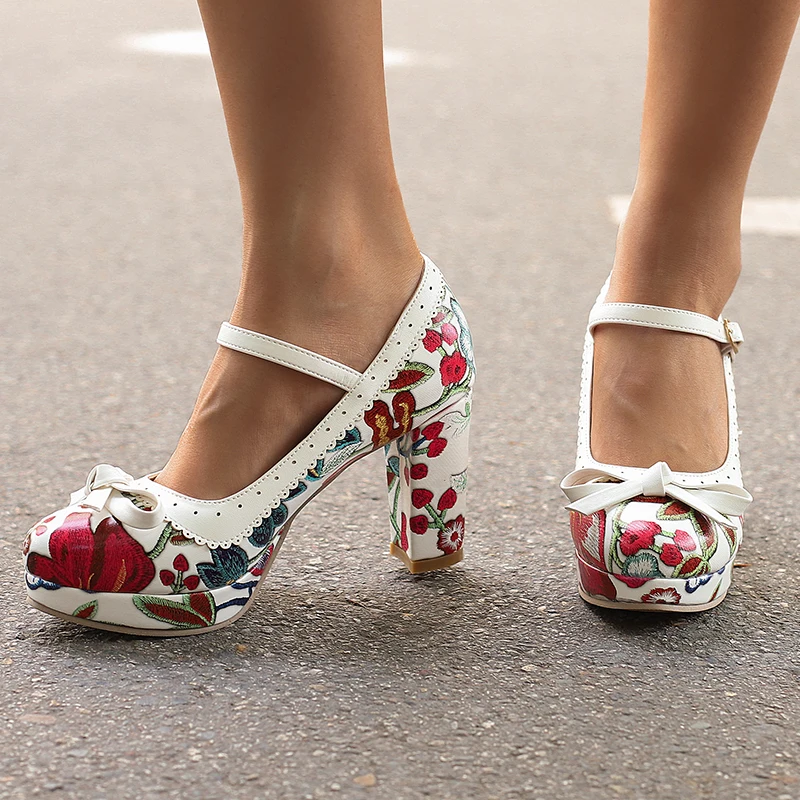 Plus Size 44 45 Printed Lotus Leaf Edge Bow Shallow Mouth Women's Pumps Buckle Strap Flower Platform High Heels Lady Party Shoes