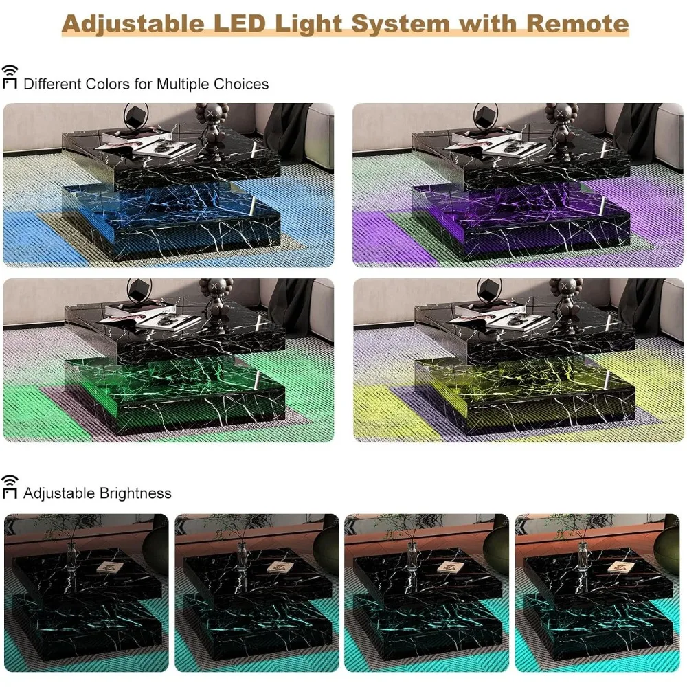 黒大理石効果のLEDコーヒーテーブル,2層の収納,モダンな正方形の光沢のあるセンターテーブル,木製,20色の照明