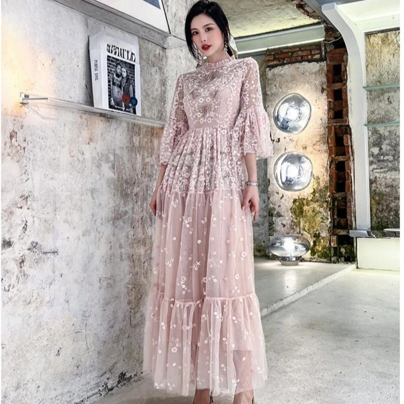 

Elegant Dresses For Women 2024 Luxury Fashion Maxi New Long Flare Sleeve Ruffled Beading Sequined Mesh Flower Embroidery Dress