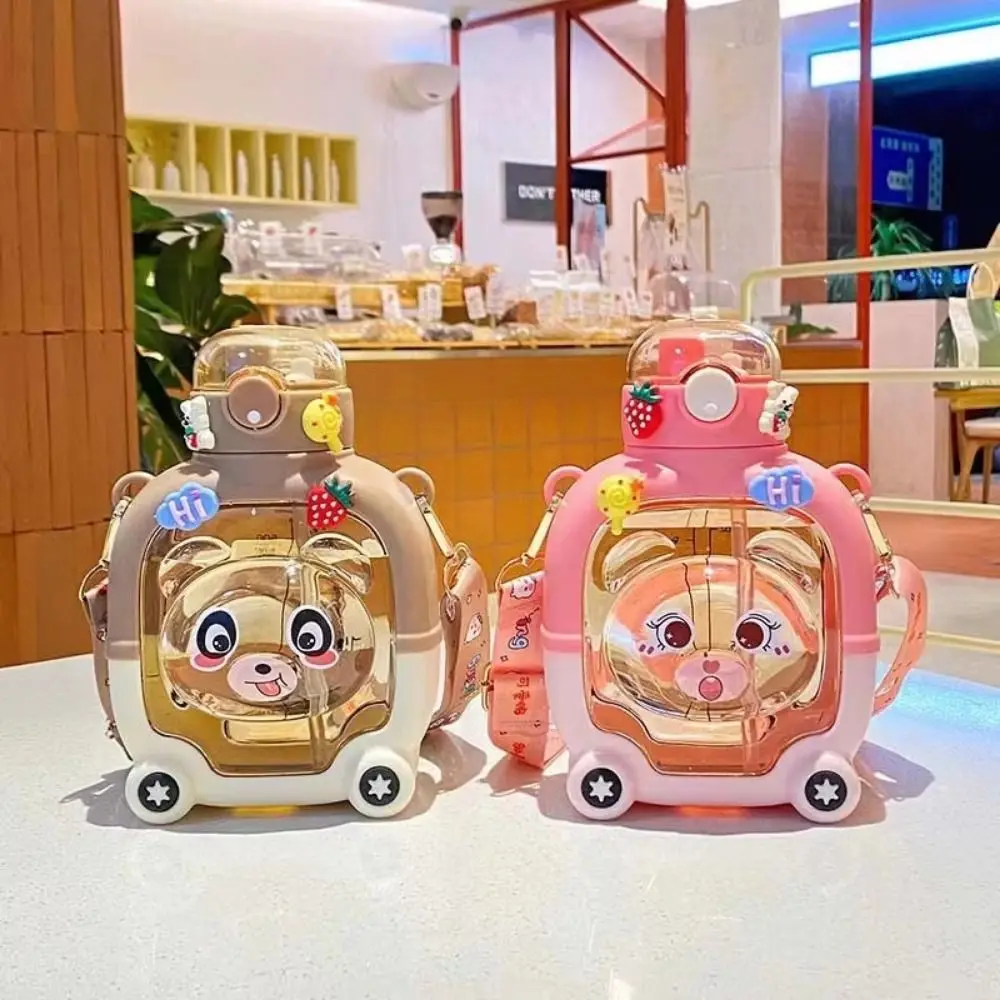 

Water Mug With Straw Kids Water Sippy Cup Straps Plastic Portable Drink Bottle Cute Cartoon Bear Plastic Cup Bottle Home