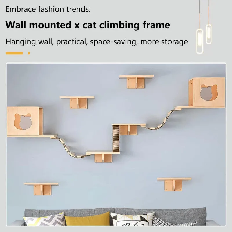 DIY Solid Wood Cat Nest Scratcher Post Wall Mounted Cat Jump Platform Hanging Hiding House Cats Staircase Pets Climbing Frame