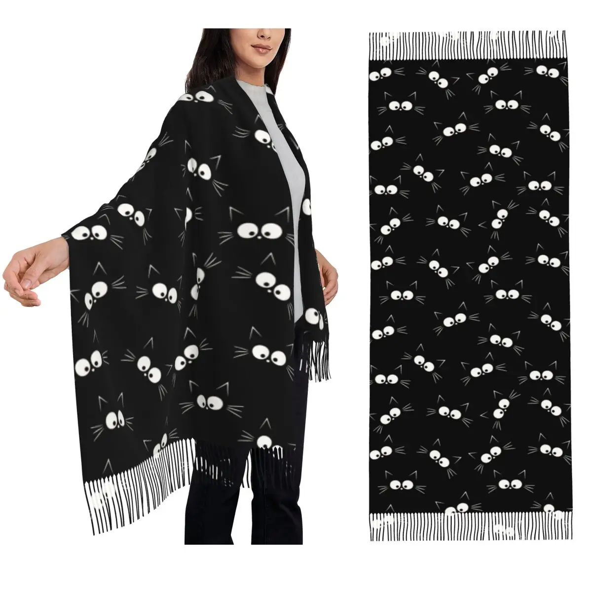 

Cute Black Cat Pattern Scarf Tassel Scarves Women Soft Warm Shawls and Wraps Large Fall Winter Shawl Wrap