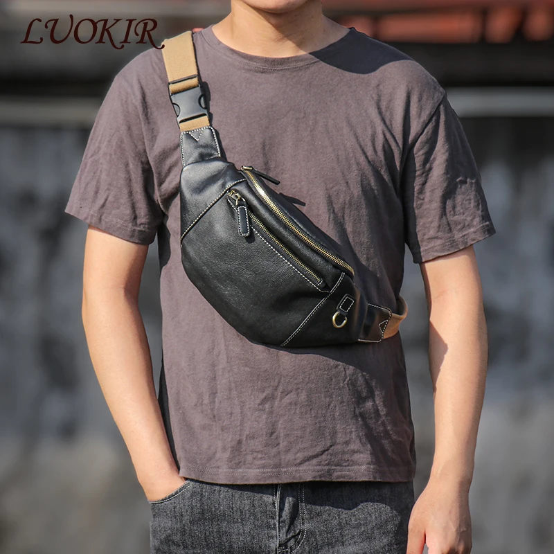 LUOKIR Męska torba na klatkę piersiową Prawdziwa skóra Casual Fashion Torba na ramię Outdoor Sports Talii Torba codziennego użytku Torba na telefon komórkowy