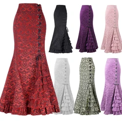 Victorian Steampunk Gothic Vintage Long Skirts Women Lace-Up Tiered Ruffled Fishtail Skirt Showgirl Mermaid Medieval Costumes