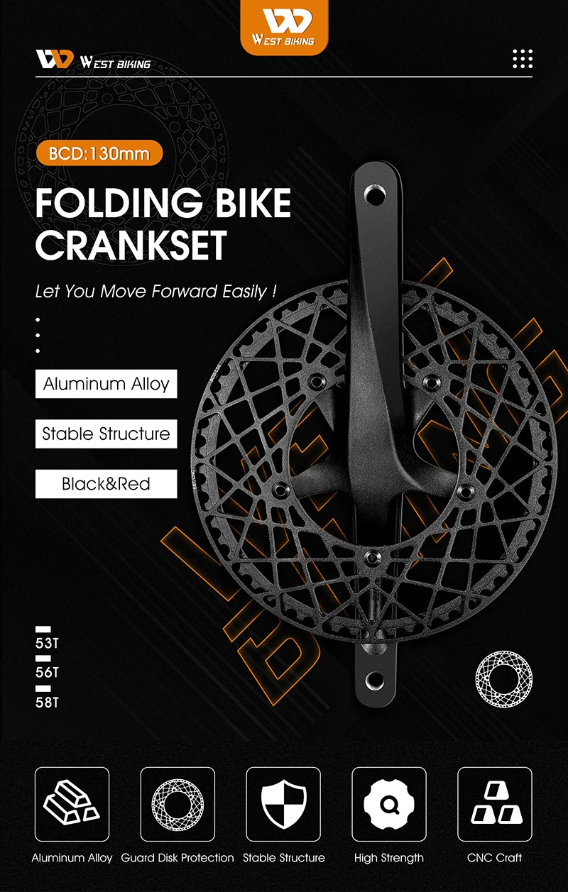 WEST BIKING 130BCD Einzelkurbelgarnitur aus Aluminiumlegierung mit Spinnennetz-Kettenblatt für Falträder 53/56/58T, rostfrei – Detail 1
