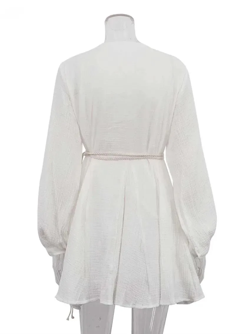 Elegante bege algodão das mulheres vestidos moda com decote em v manga longa rendas vestidos casuais solto plissado mini vestido streetwear rq24