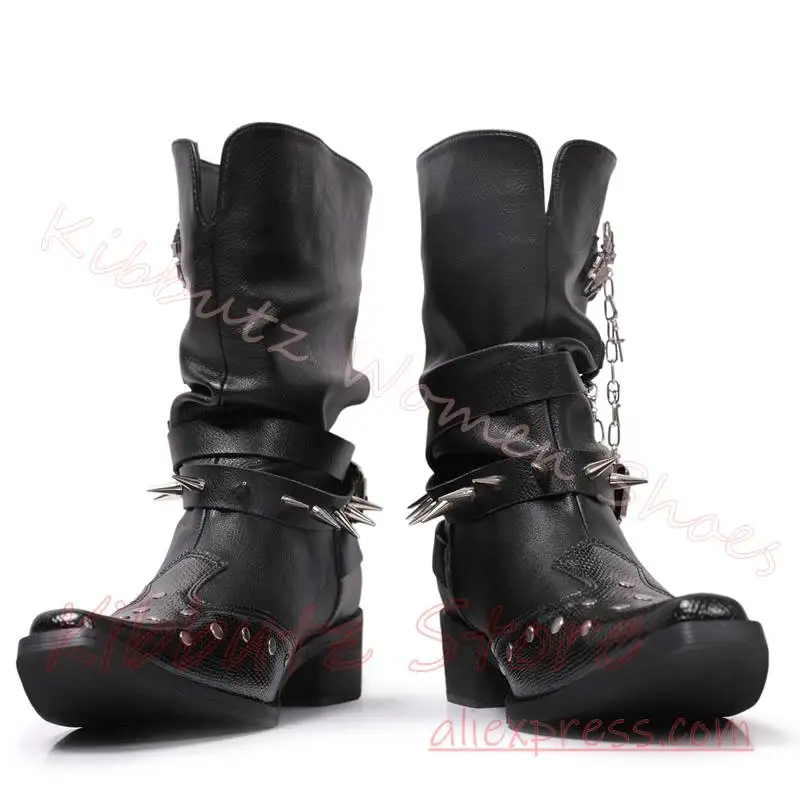 Punk Goth Ankle Boots Women Spider Metal Chain Rivet Buckle Strap Block Heel Western Cowboy Shoes Y2K Rock Streetwear Footwear