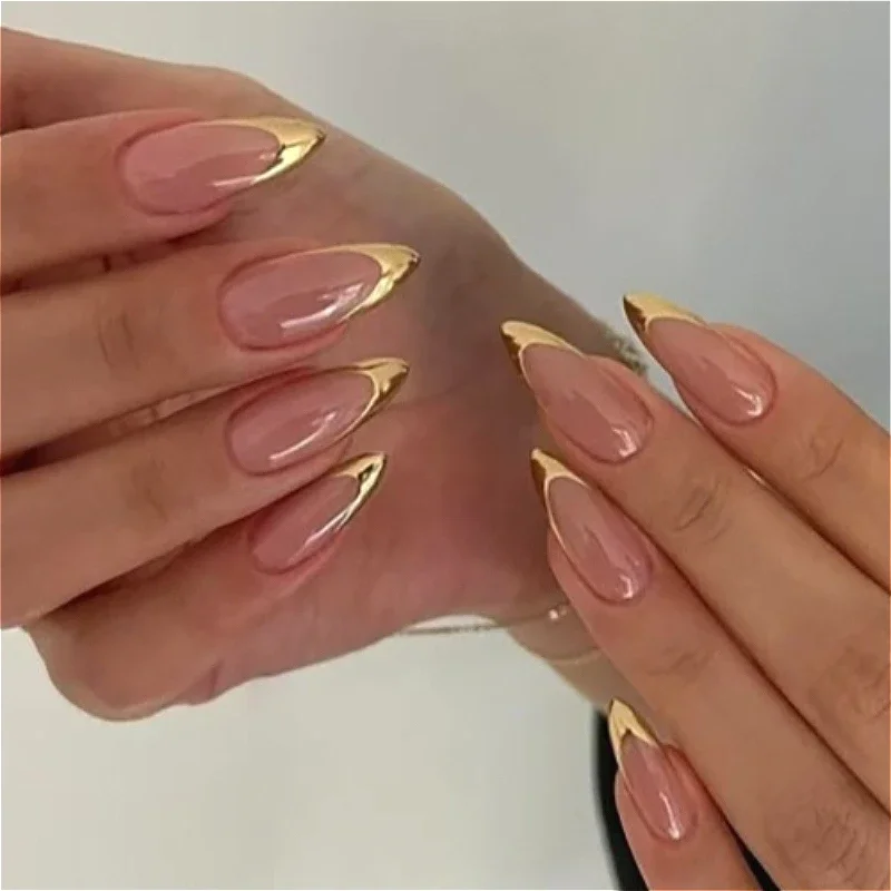 24Pcs Elegant Almond Press On Nails Minimalist Gold Line Glossy Full Cover Self Adhesive Reusable For Women Daily Party DIY Manicure Supply