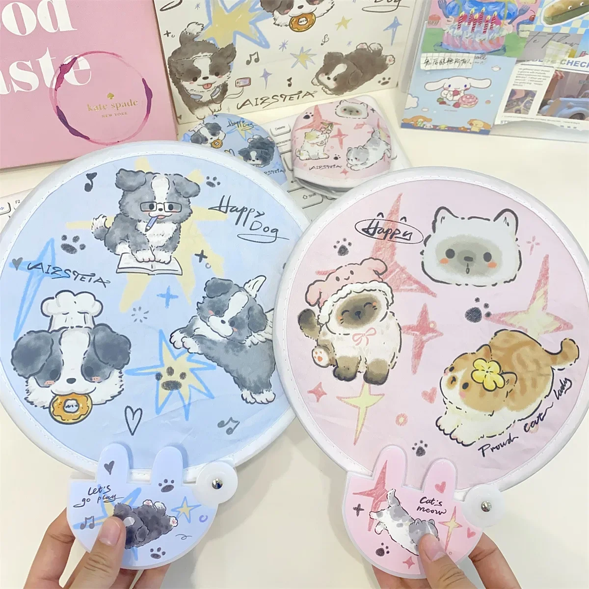 Cute Cartoon Puppy Cat Twist Folding Round Fan with Storage Pouch Kawaii Kid Girl Mini Handheld Fan Selfie Reflector Back Face