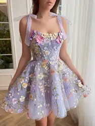 Simple A-Line Lilac Short Homecoming Dress with 3D Flowers Square Neckline Cocktail Dresses Dress Short Length Wedding Dresses