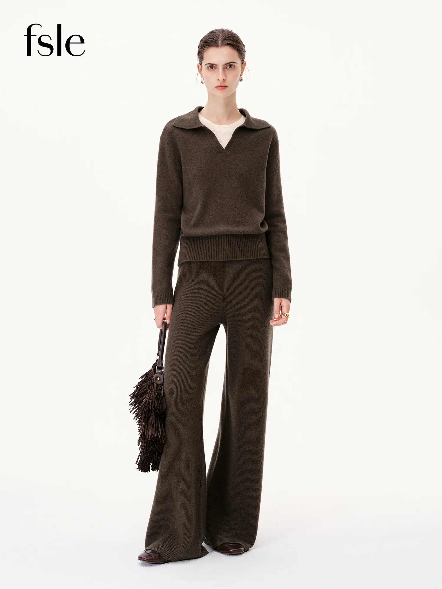 FSLE Women's Korean Lazy Style Polo Collar V-neckline Pullover Knit Set Cozy Matching Two-Piece Outfit New Arrival Winter 2026