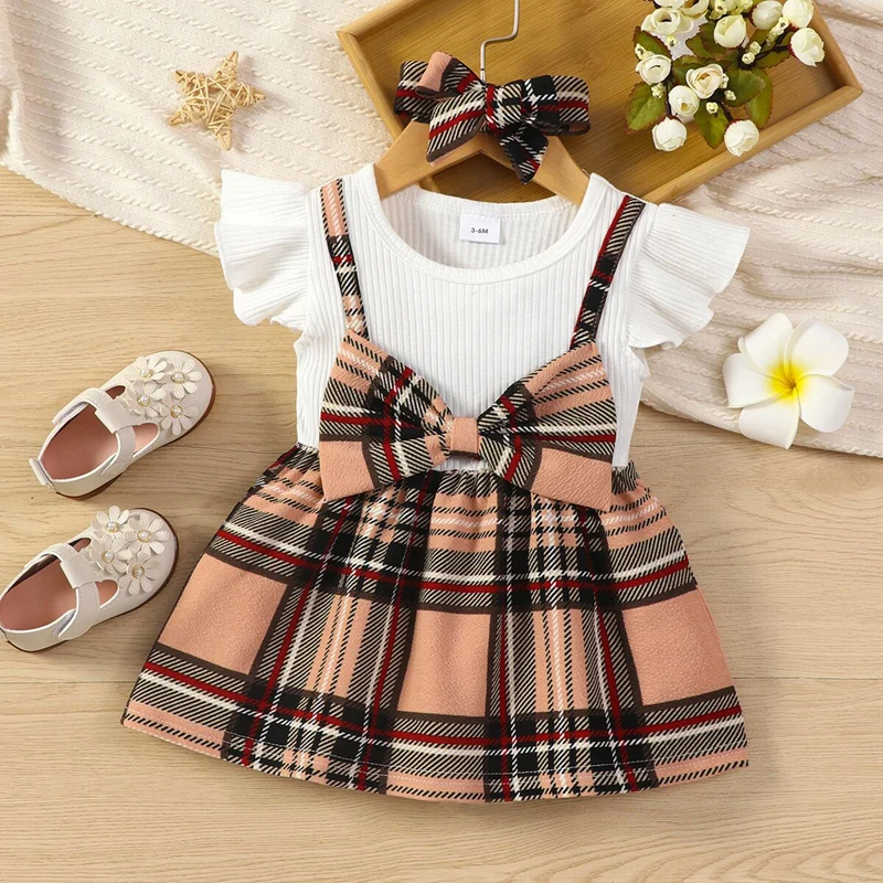 Newborn Girl Cute Christmas Dress Suit Patchwork Crew Neck Long Sleeve Dress Fall Plaid Headband Princess Dress