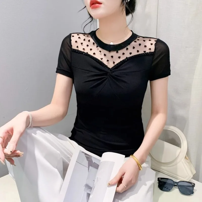 #7085 Black Split Joint Mesh Hollow Out Round Neck Short Sleeve T Shirt Women Folds Sexy Short Tshirt Female Skinny Tee Summer