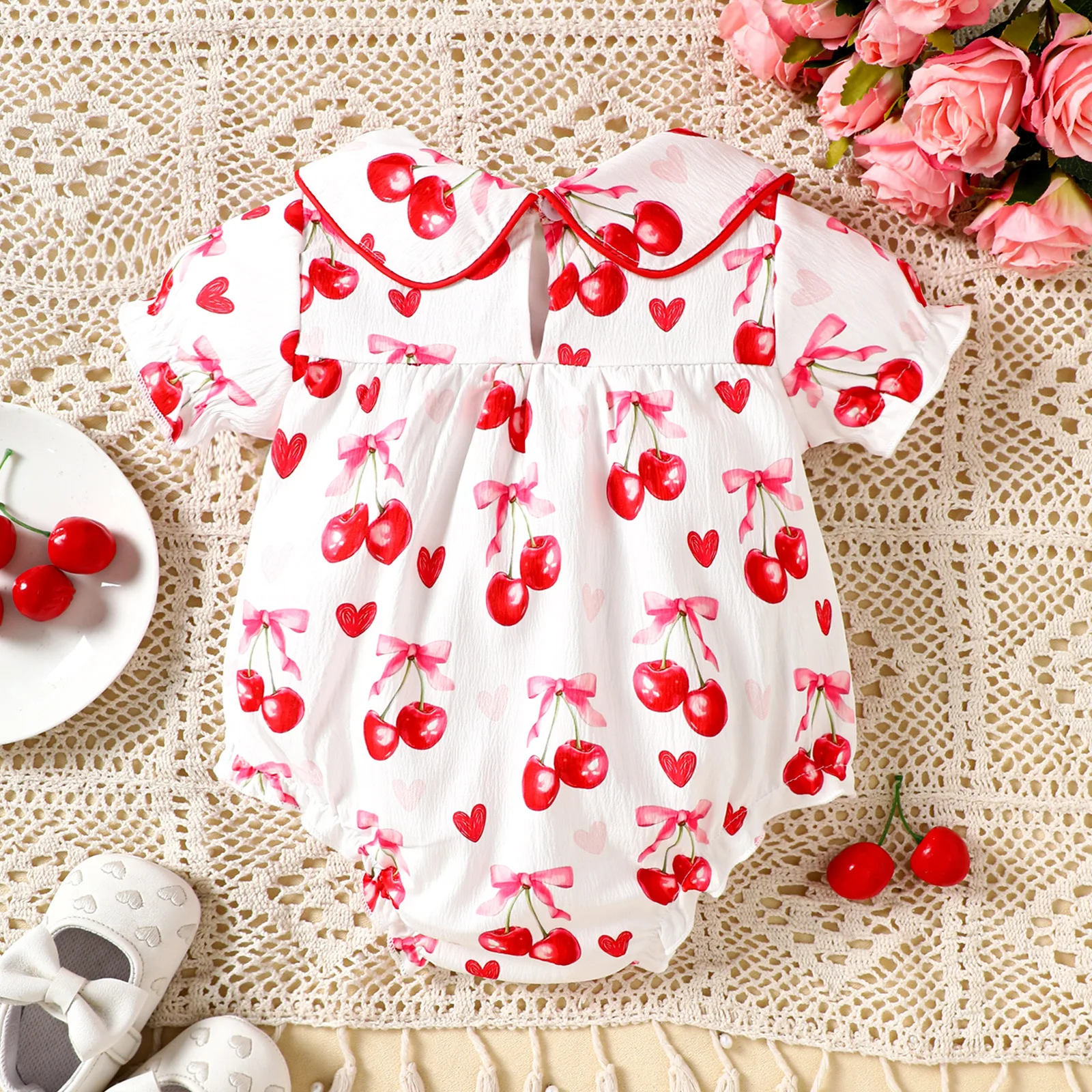 2025 Summer Bodysuit for Baby Girls Sweet Cherry Print Embroidered Infant Jumpsuit Lapel Short Sleeved Toddler One Piece Clothes