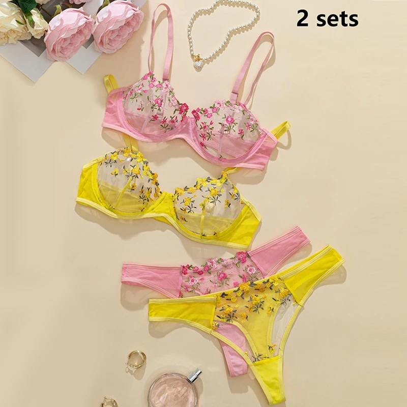 2 Sets Romantic Lingerie Floral Embroidery Women Underwear Transparent Bra Sets Ensemble Sexy Outfit Fantasty Underwear Intimate