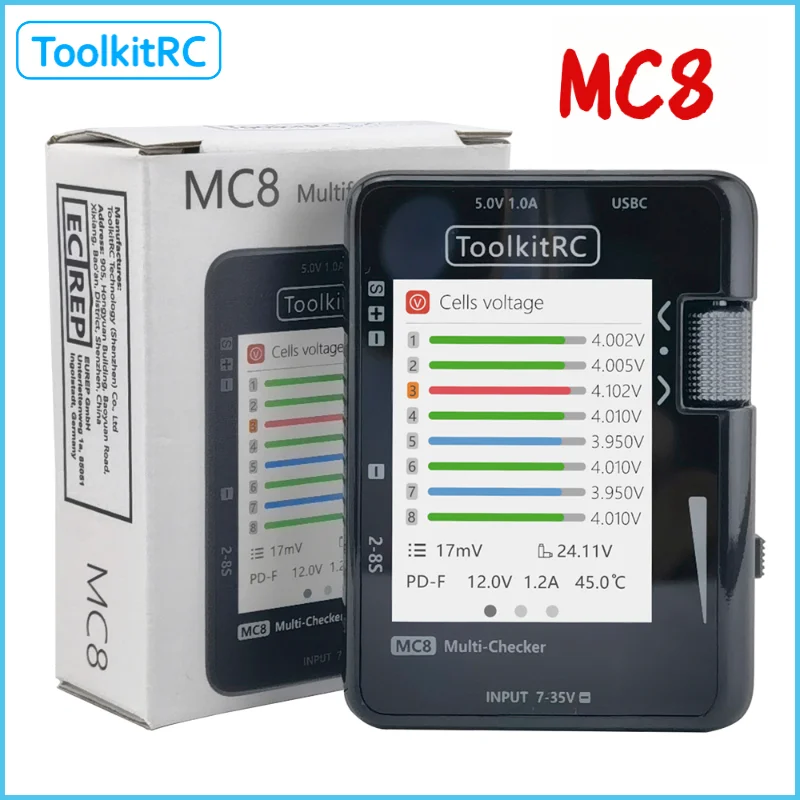 

ToolkitRC MC8 Smart 32-битный многофункциональный тестер-балансир для аккумуляторов и приемников с быстрой зарядкой USB-C