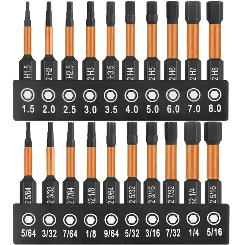 

20PCS Impact Hex Screw Driver Bits Head Allen Wrench Drill Bit Set Metric SAE Magnetic Tips Tool Electric Screwdriver Bits Head