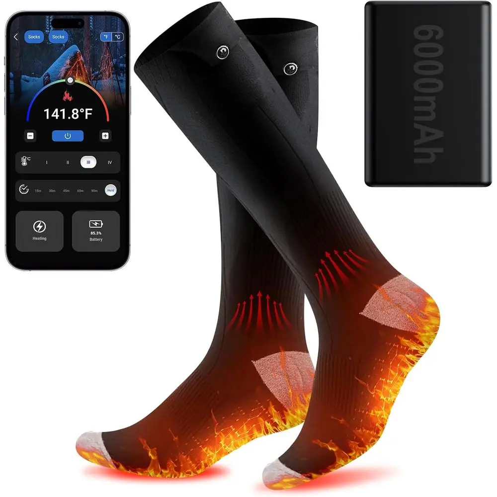 

Rechargeable Heated Socks for Men & Women with APP Control, 6000mAh Dual Batteries, Suitable for Outdoor Activities and Washable