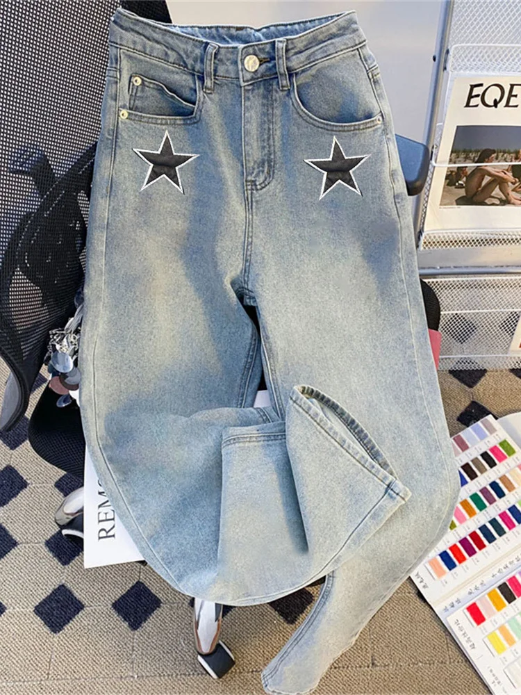 Retro Star Print Casual Jeans Loose Fit for Men And Women Summer Slimming Wide Leg Pants High Waist Long Trousers Denim Blue