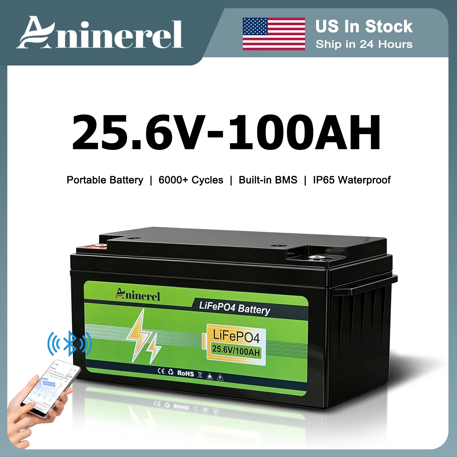 Aninerel 24V 100AH LiFePO4 Battery 6000+ Cycles Bluetooth Solar Storage Lithium Battery Built-in BMS IP65 Waterproof For RV/Inverter/Boat/Home US In Stock