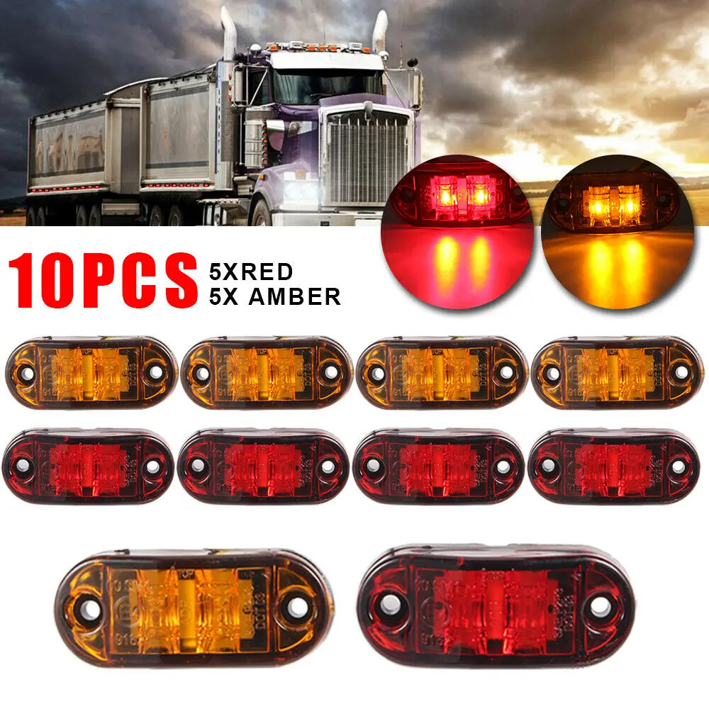 12V-24V Combo AMBER/Red 10 PCS 2 Oval LED Universal Led light Side Marker Car Lights for Trailer Trucks Caravan Clearance Lamp