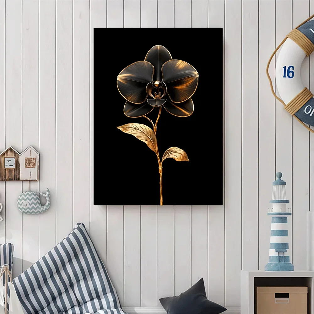 1pc frameless Canvas Painting 1PC-Unframed Canvas poster wall decoration  Golden Orchid Flower Art Print Black Background Elegan