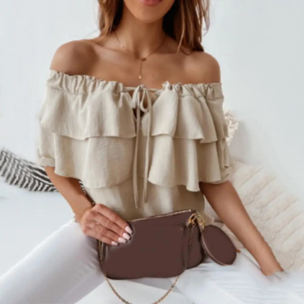 Women Fashion Slim Blouse Tops Fashion Solid Summer Off Shoulder Shirts Half Flounce Sleeve Chiffon Blouses Ruffles Tie-Up Tops